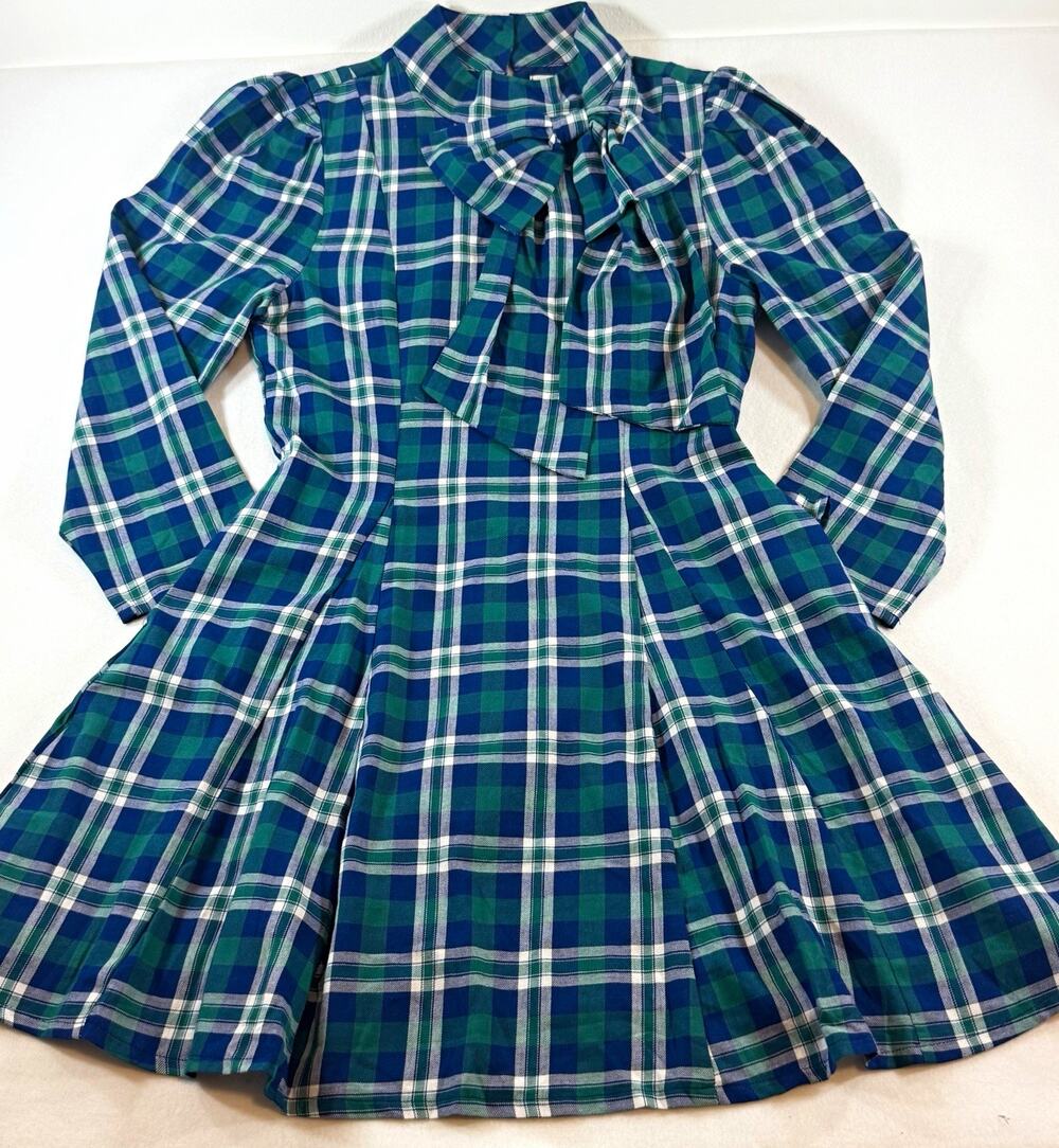 Shop The Chic Girl Plaid Dress Small Blue Green Tie Neck Puff Sleeve Preppy